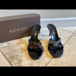 Authentic GUCCI black striped kitten heels shoes black leather 6.5